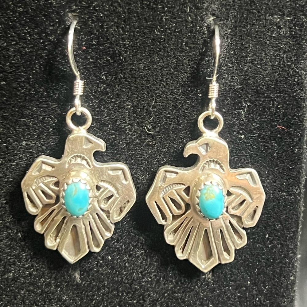 Navajo Turquoise and Silver Thunderbird Earrings by Kenny Lonjose